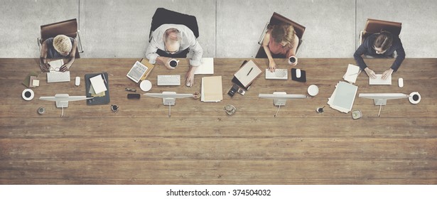 Aerial View Corporate Collaboration Working Table Concept