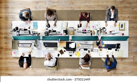 Aerial View Corporate Collaboration Working Table Concept