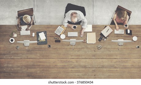 Aerial View Corporate Collaboration Working Table Concept