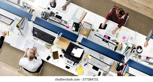 Aerial View Corporate Collaboration Working Table Concept