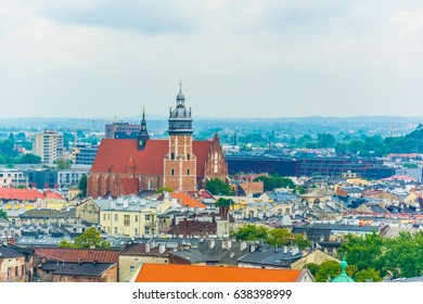 Aerial View Of The Corpus Christi Church In The Kazimierz District Of Krakow/Cracow In Poland. 