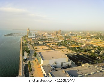 Aerial View Corpus Christi Downtown From North Of Shoreline Boulevard With Marina In The Distance Background. Waterfront Area Of Texas City On Gulf Of Mexico