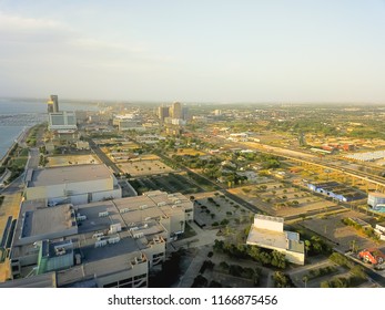 Aerial View Corpus Christi Downtown From North Of Shoreline Boulevard With Marina In The Distance Background. Waterfront Area Of Texas City On Gulf Of Mexico