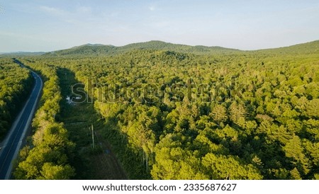 Aerial view of the country road and power lines near to the mountain range, coniferous high forest and the river at summer cloud evening with horizon, greencolor, sunlight