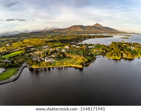 Aerial view of Croagh Patrick mountain and Westport bay at sunrise, Westport, Ireland