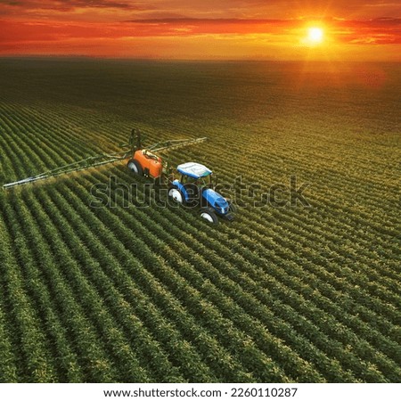 Aerial view of crop sprayer spraying pesticide on a soybean field at sunset, Drone shot flying over agricultural soybean field, tractor and crop sprayer protection plants against diseases and insects