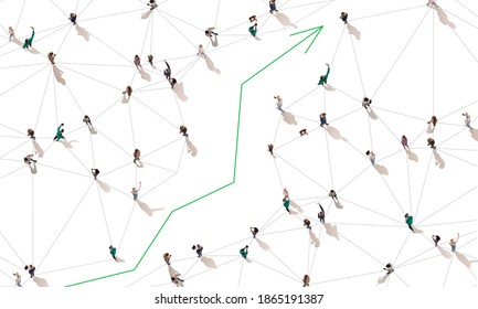 Aerial View Of Crowd People Connected By Lines, Social Media And Communication Concept. Top View Of Men And Women Isolated On White Background With Green Arrow. Staying Online, Internet, Technologies.