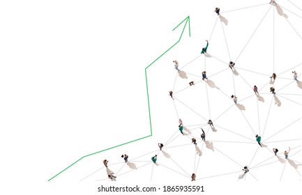 Aerial View Of Crowd People Connected By Lines, Social Media And Communication Concept. Top View Of Men And Women Isolated On White Background With Green Arrow. Staying Online, Internet, Technologies.