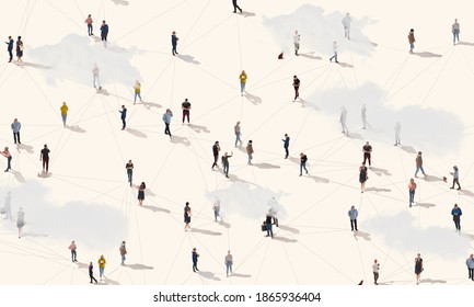 Aerial View Of Crowd People Connected By Lines, Social Media And Communication Concept. Top View Of Men And Women Isolated On White Background With Shadows. Staying Online, Internet, Technologies.