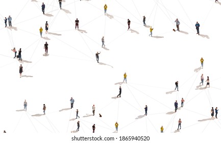 Aerial View Of Crowd People Connected By Lines, Social Media And Communication Concept. Top View Of Men And Women Isolated On White Background With Shadows. Staying Online, Internet, Technologies.