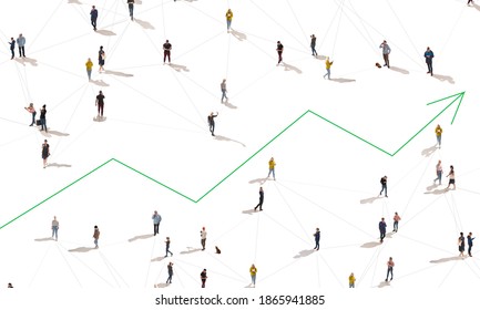 Aerial view of crowd people connected by lines, social media and communication concept. Top view of men and women isolated on white background with green arrow. Staying online, internet, technologies.