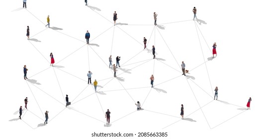 Aerial View Of Crowd People Connected By Lines, Social Media And Communication Concept. Top View Of Men And Women Isolated On White Background With Shadows. Staying Online, Internet, Technologies.