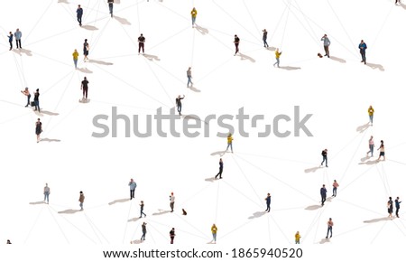 Aerial view of crowd people connected by lines, social media and communication concept. Top view of men and women isolated on white background with shadows. Staying online, internet, technologies.