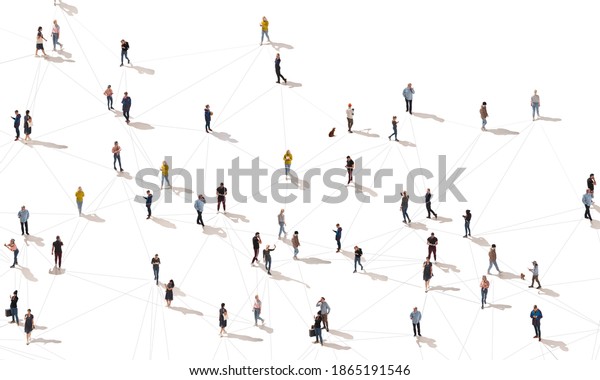 Aerial view of crowd people connected by\
lines, social media and communication concept. Top view of men and\
women isolated on white background with shadows. Staying online,\
internet, technologies.