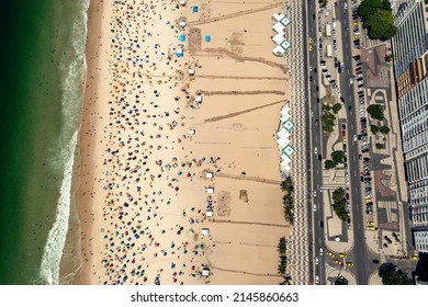 Aerial View of Crowd of People Copacabana Beach, Rio de Janeiro, Brazil. Photo from the top.