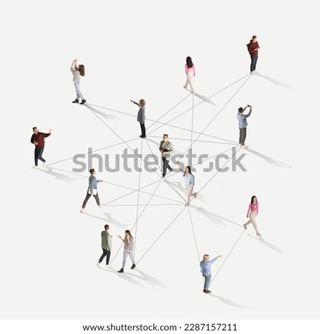Aerial view of crowd of young diverse people, students, employees connected with lines against white background. Online communication. Human cooperation, online technologies, modern lifestyle concept