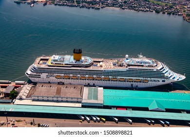 Aerial View Of Cruise Ship Docked In Santos Port In Brazil 