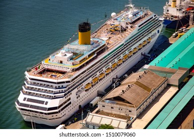 Aerial View Of Cruise Ship Docked At Santos Port In Brazil