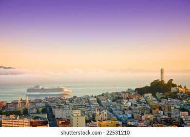 Aerial View Cruise Ship At San Francisco And Bay Area On Sunrise