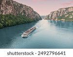 Aerial view of a cruise ship traveling through the Danube River