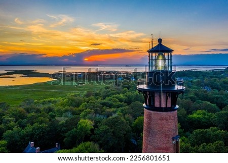 Aerial view of Currituck Beach Lighthouse at sunset near Corolla, North Carolina (Outer Banks)