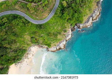 Aerial view of curve road along the seashore at Phuket Thailand beautiful seacoast and open sea in summer season Nature recovered Environment and Travel background - Shutterstock ID 2167381973