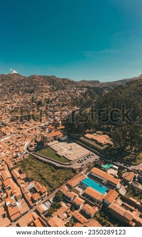Aerial view at Cusco, Peru. Mirador de Plaza San Cristobal, overlooking ancient city.