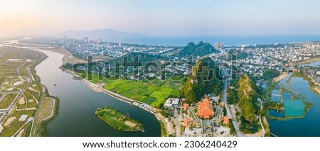 Aerial view of Da Nang Marble mountains which is a very famous destination.