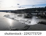 Aerial view of the dam built from the Willamette Falls in Portland, Oregon, United States