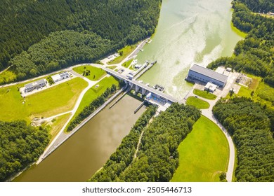 Aerial view of dam Hnevkovice with hydroelectric power plant on Vltava river. South Bohemia, Czech republic, European union. - Powered by Shutterstock