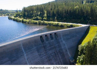 Aerial view from the dam at 
Lake Schluchsee. Is ist a reservoir in the municipality of Schluchsee near St. Blasien in the district of Breisgau, Black forest, Baden-Wuerttemberg, Germany
