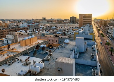 Aerial View Of Dammam Street Urban City In Sunset Background -Dammam, Saudi Arabia. 29-March-2021.