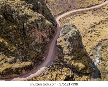 Aerial view of dangerous mountain road in Andes, Peru