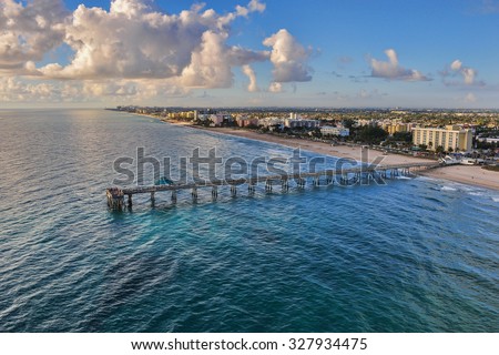 aerial view of dania beach pier in south florida at early morning