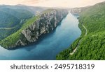 Aerial view of the Danube River flowing through the Iron Gate Gorge in Djerdap National Park, Serbia