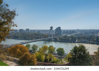 Aerial view of Danube River with SNP Bridge and UFO Tower - Bratislava, Slovakia