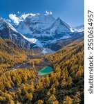 Aerial view of Daocheng Yading scenic area in Sichuan, China. Three sacred mountains of Tibetan. Nature landscape with snow mountain.