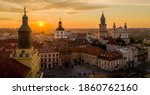 Aerial view of dawn over Old Town in Lublin, Poland