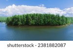 An aerial view of Deep Creek Lake in Maryland, USA, with a small island in the center with pine trees