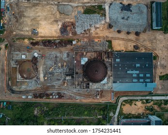 Aerial View Of Demolition Site. Process Of Demolition Of Old Nuclear Power Plant