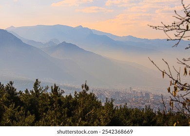 Aerial view of Denizli Plain in the morning haze. November 2, 2024. Denizli, Turkey.