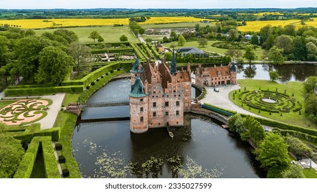 Aerial view, Denmark, Region Syddanmark, Kværndrup, Egeskov Castle with park, Renaissance garden - Shutterstock ID 2335027599