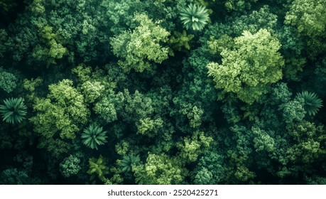 An aerial view of a dense forest canopy, showcasing a vibrant green palette with a variety of trees and foliage. - Powered by Shutterstock