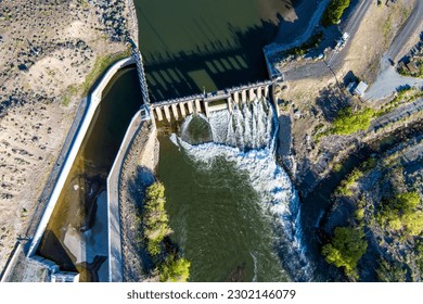 Aerial view of the Derby Dam on the Truckee River east of the Reno, Sparks Nevada area during the Springtime snow melt season.