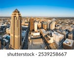 Aerial view of Des Moines, Iowa skyline. Des Moines is the capital and most populous city in the U.S. state of Iowa and it is the county seat of Polk County