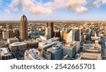 Aerial view of Des Moines, Iowa skyline. Des Moines is the capital and most populous city in the U.S. state of Iowa and it is the county seat of Polk County