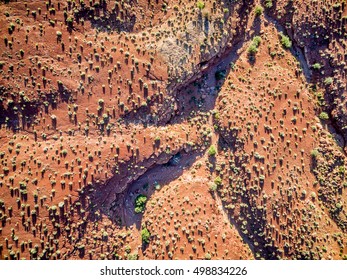 Aerial View Of A Desert With A Coarse Vegetation Near Moab, Utah - Sunrise Scenery With Long Shadows