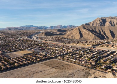 Aerial view of desert suburbia near Lone Mountain in Northwest Las Vegas Nevada.  