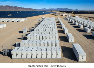 Aerial view of Desert Sunlight Solar Farm battery storage units