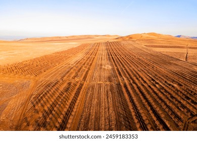 Aerial view of a desolate dirt field surrounded by Georgia orchard greenery. - Powered by Shutterstock